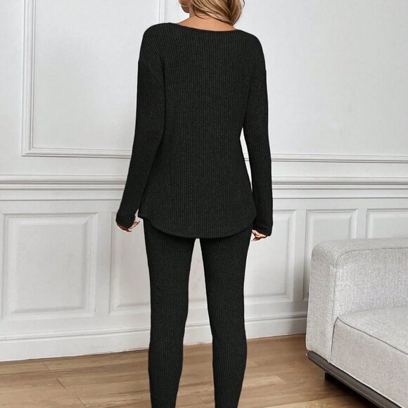 Black Casual Women's Plush Rib-Knit Long Sleeve T-Shirt And Leggings Suit - Picture 2 of 6